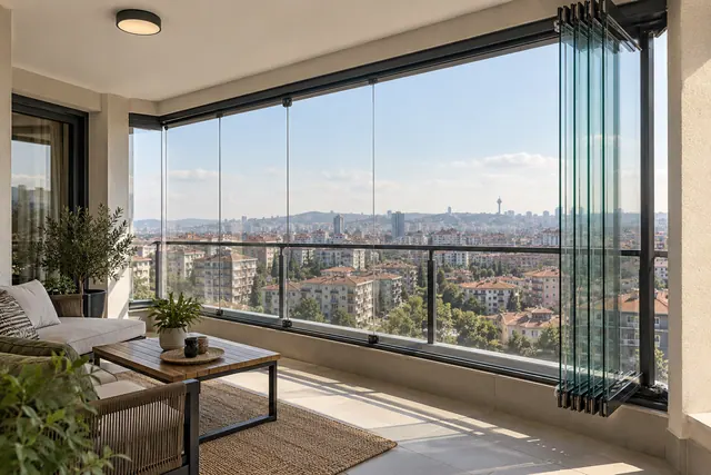 Katlanır cam panelleri yana toplanmış bir cam balkon sistemi