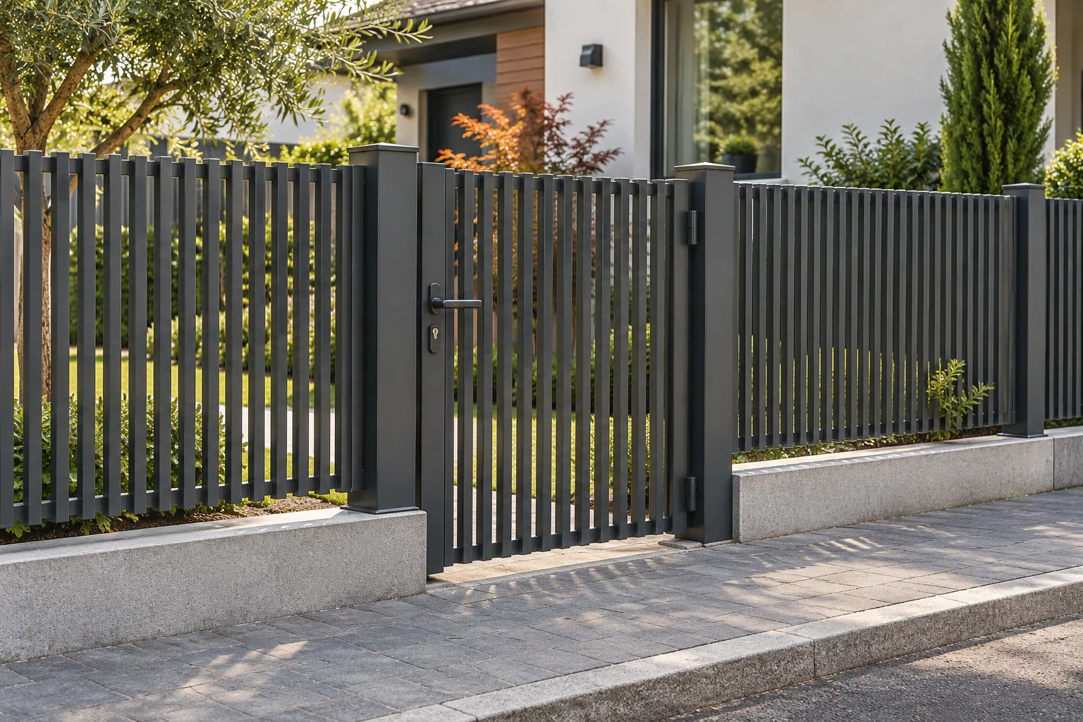Bahçe çevresinde antrasit dikey metal çit ve giriş kapısı