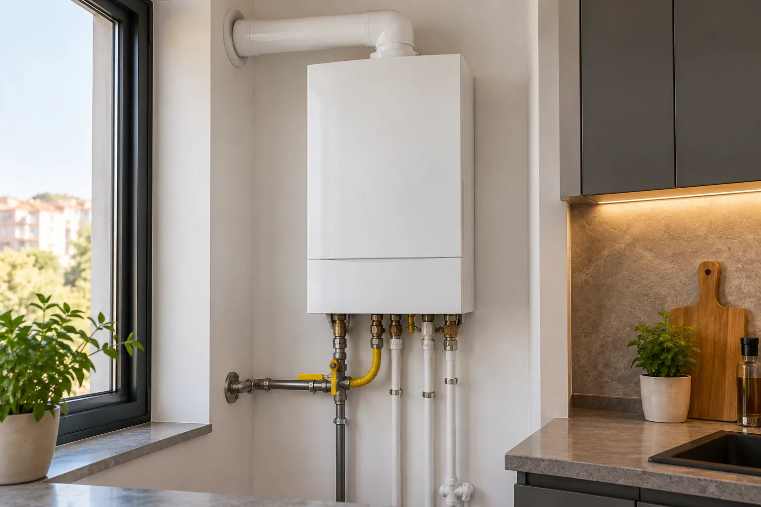 Kombi altında sarı vanalı doğalgaz bağlantısı