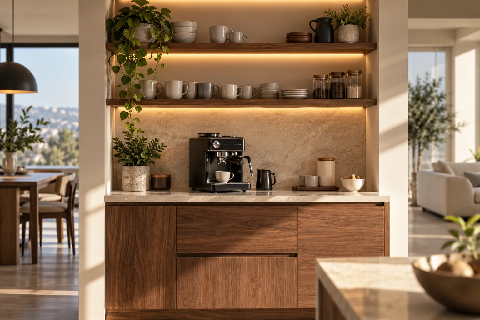 Espresso makinesi ve fincan raflarıyla özel kahve köşesi