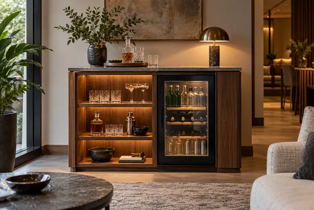 Ahşap raflar ve tezgâh altı içecek dolabıyla ev tipi mini bar