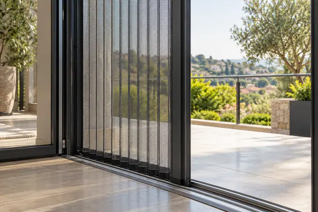 Balkon kapısında plise sineklik ve ray detayı