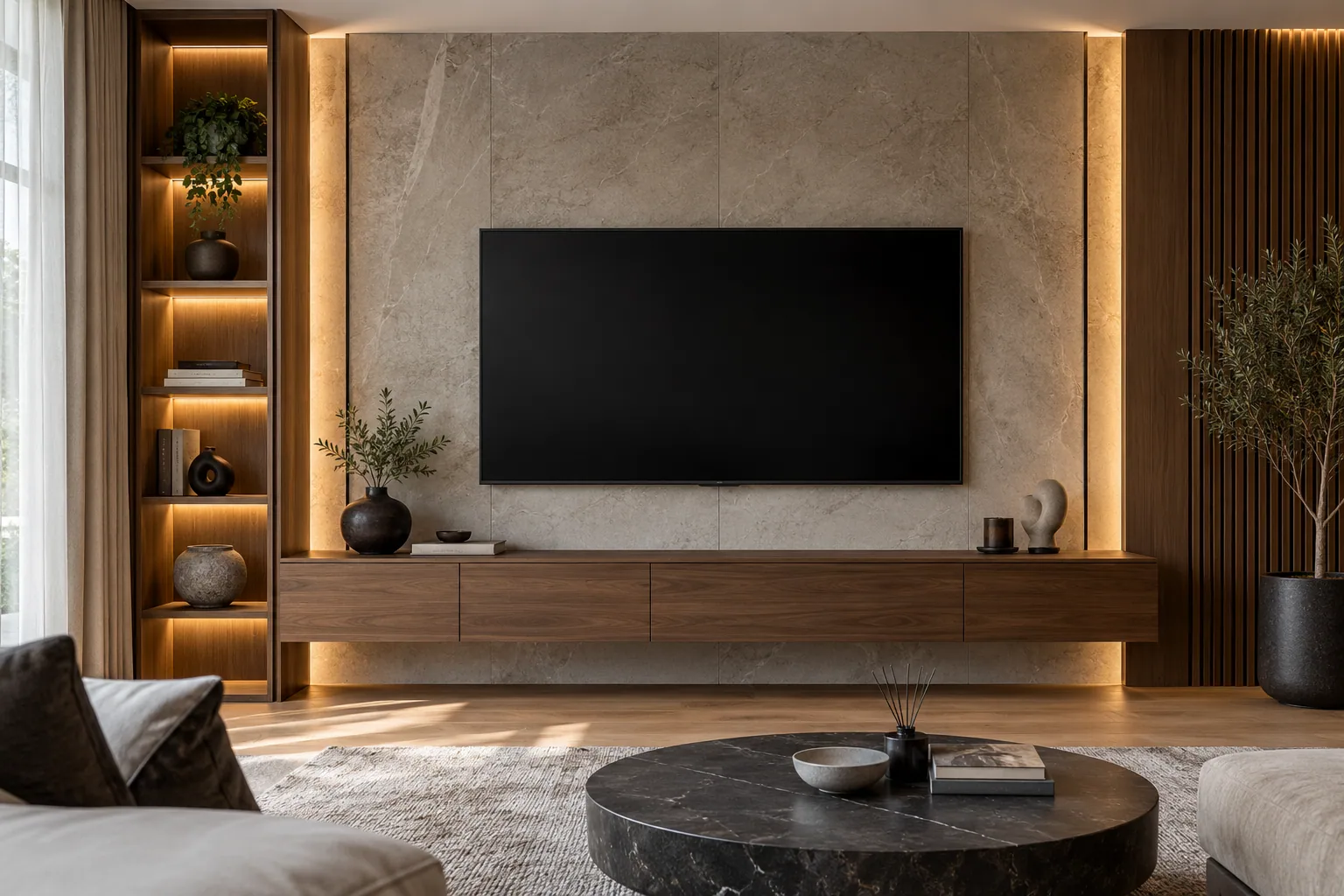 Ceviz konsol ve taş arka panelli özel TV ünitesi